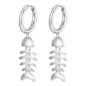 Fishbone Dangling Huggie Hoop Earrings - Pair - Stainless Steel Fishbone Dangling Huggie Hoop Earrings - Pair - Stainless Steel
