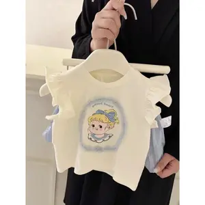 Girls' Summer Sweet Casual 2pcs Set: Ruffled Flutter-Sleeve Cartoon Print T-Shirt Vest + Cute Bloomers Shorts Stylish Outfit, Perfect for Outdoor