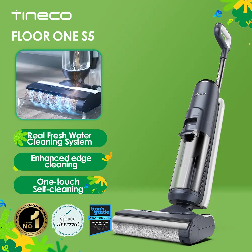 Tineco FLOOR ONE S5 Smart Cordless Wet-Dry Vacuum Cleaner and Mop for Hard Floors, Digital Display, Long Run Time, Great for Sticky Messes and Pet Hair, Space-Saving Design, House Cleaning Gadgets, Floor Cleaning Tool, Space Saver