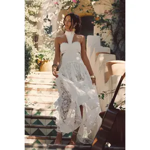 Princesa White Lace Drop Waist Maxi Dress