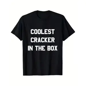 Men's Black Graphic T-Shirt - Bold "Coolest Cracker In The Box" Print Crew Neck Tee, Classic Loose Fit Cotton Shirt for Everyday & Formal Wear, Machine Washable All-Season Top