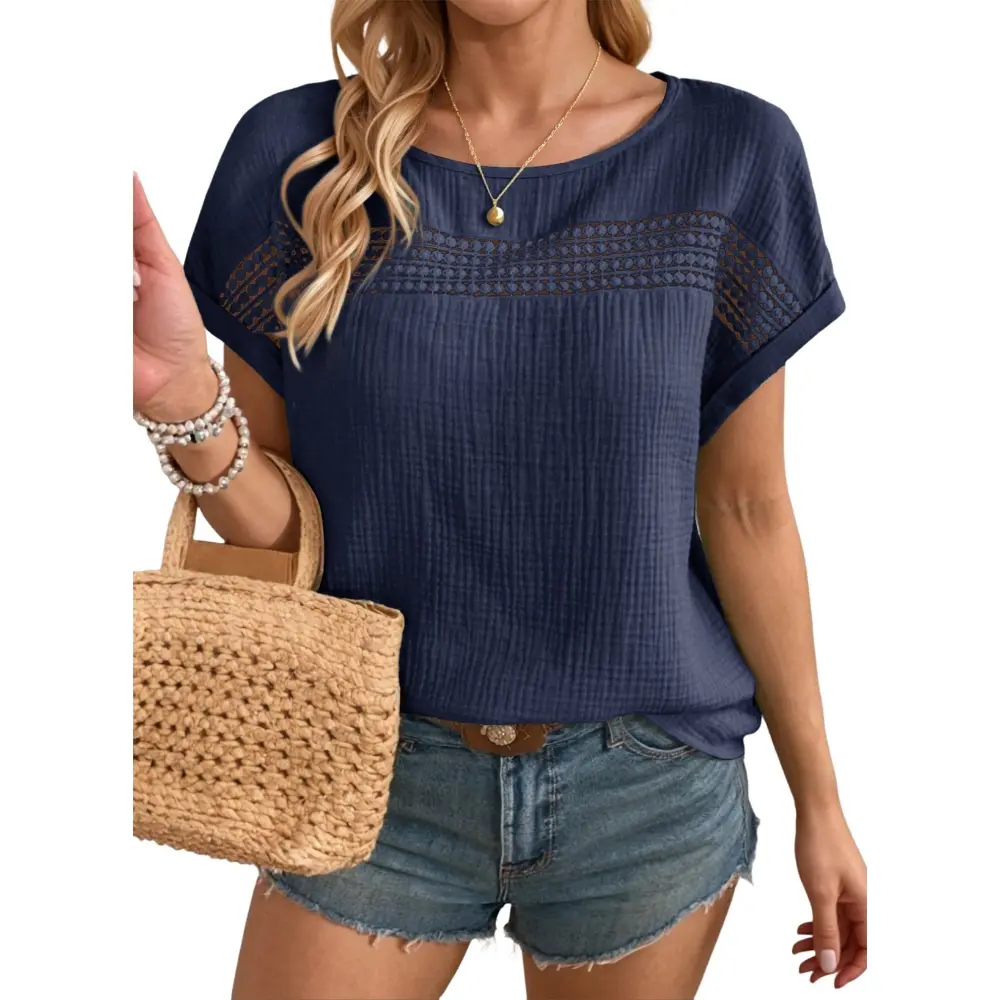Dokotoo Womens Summer Tops 2026 Crewneck Short Sleeve Hollow Out T-Shirts Casual Loose Solid Color Blouses Shirts Shortsleeve Shortsleeve Shortsleeve