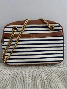 Pre-owned Celine Canvas/Leather Crossbody Bags Horizontal Cabas Panier Tote – Navy/White Stripe with Tan Leather Trim $1699