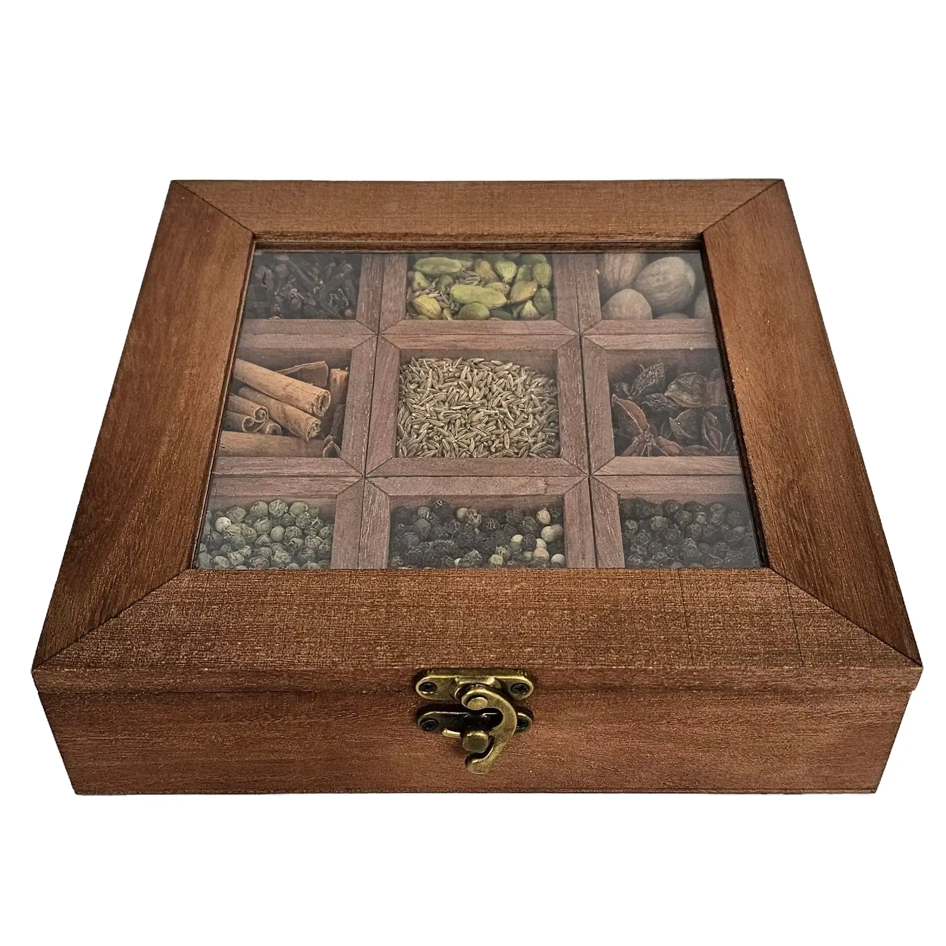 Wooden Masala Dabba, Home Kitchen Spice Storage Organizer Box