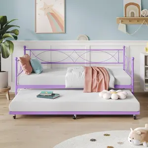 Twin daybed with Trundle, Metal Twin Daybed and Trundle Set, Day Bed Sofa Bed Frame with Steel Slat Support, Multifunctional Daybed Frame for Bedroom (Purple Sets)