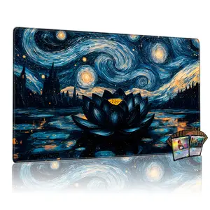 Starry Night Lotus Playmat for Mtg, 24x14 Inch Tcg & Board Game Mat, Van Gogh-Inspired Fantasy Flower Art Mousepad Desk Mat