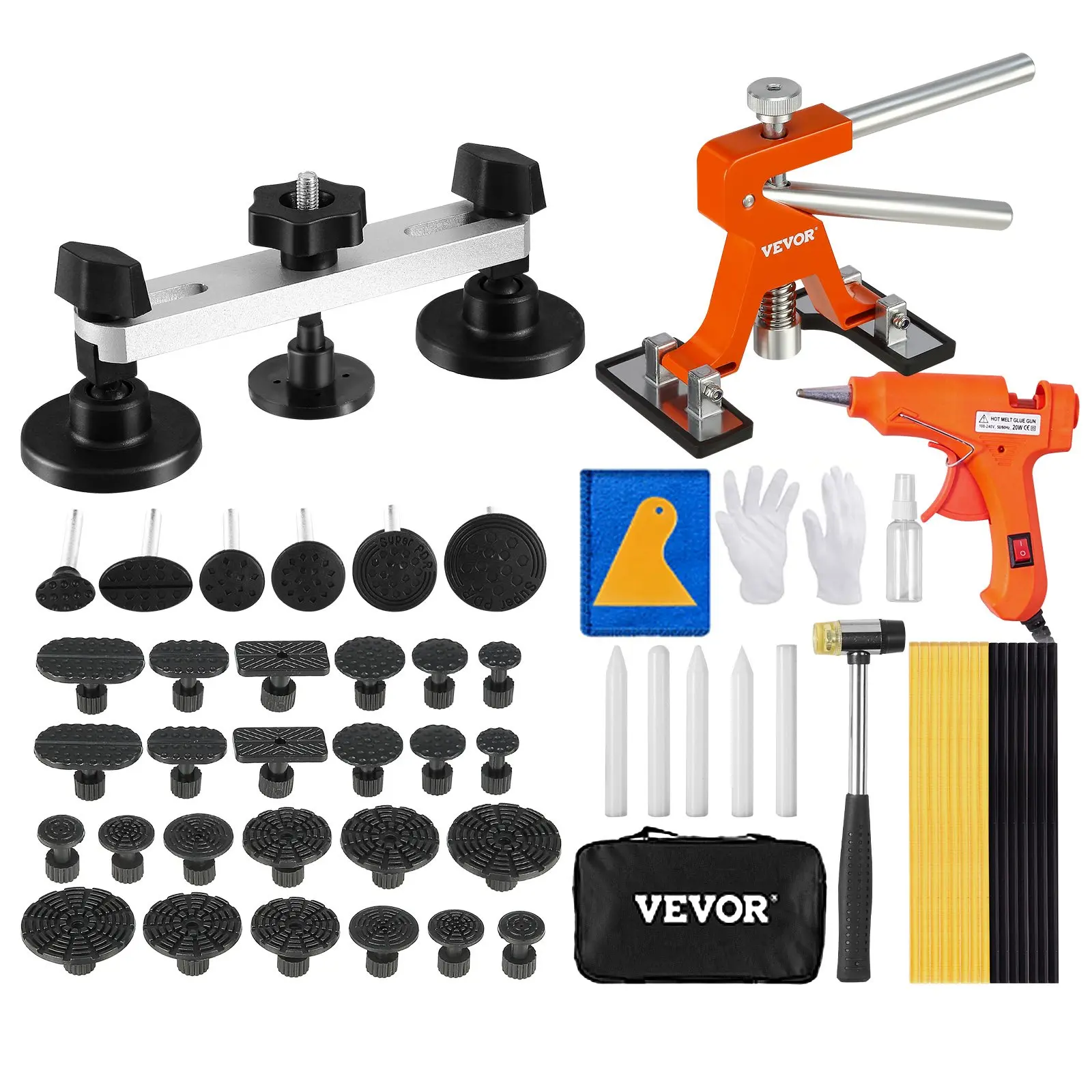 【DealsForYouDays】【DealsForYouDays】 VEVOR 56 PCS Dent Removal Kit, Paintless Dent Repair Kit with Golden Lifter, Bridge Puller, Car Dent Puller with Puller Tabs, Hot Glue Gun for Auto Body Dents, Hail Damage, Door Dingdealsforyoudays