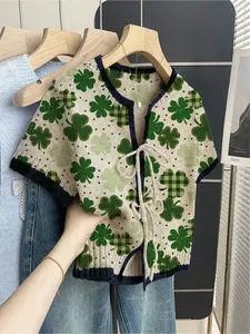 Bohemian casual vacation style loose round neck contrast green patchwork print short sleeve knit top, front tie design, contrast piping, khaki, women's spring summer casual top, Womenswear