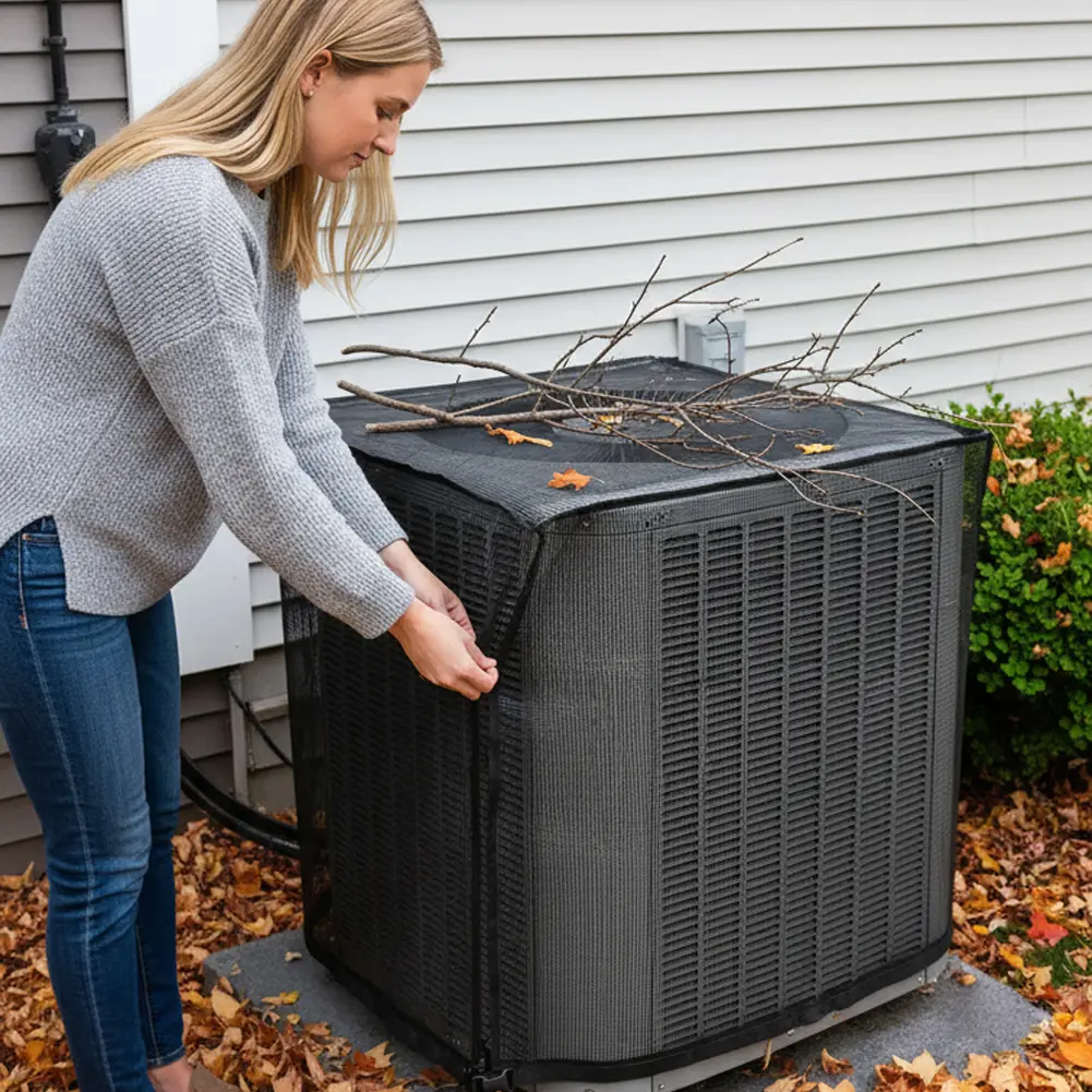Outdoor Air Conditioner Condenser Mesh Cover - Breathable Outdoor Protection Cover with Detachable Waterproof Top for Blocking Leaves