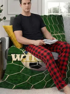 Men's Plaid Loungewear Pajama Set with Football Theme Blanket, Loose-Fit Long Pants, Soft Fabric, Vintage Design, Perfect for Home & Watching Games