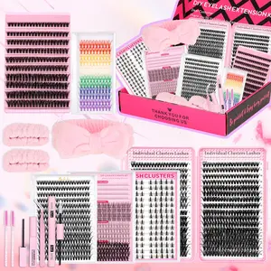 6 Styles  1748Pcs Lash Clusters Kit, Eyelash Clusters Lash Kit Volume Lashes Clusters C/D Curl DIY Individual False Eyelashes with Bond &Seal &Remove &Eyelash Tweezers &Brush &Hair Band , Beginner Friendly, Eyelash Extensions Kit