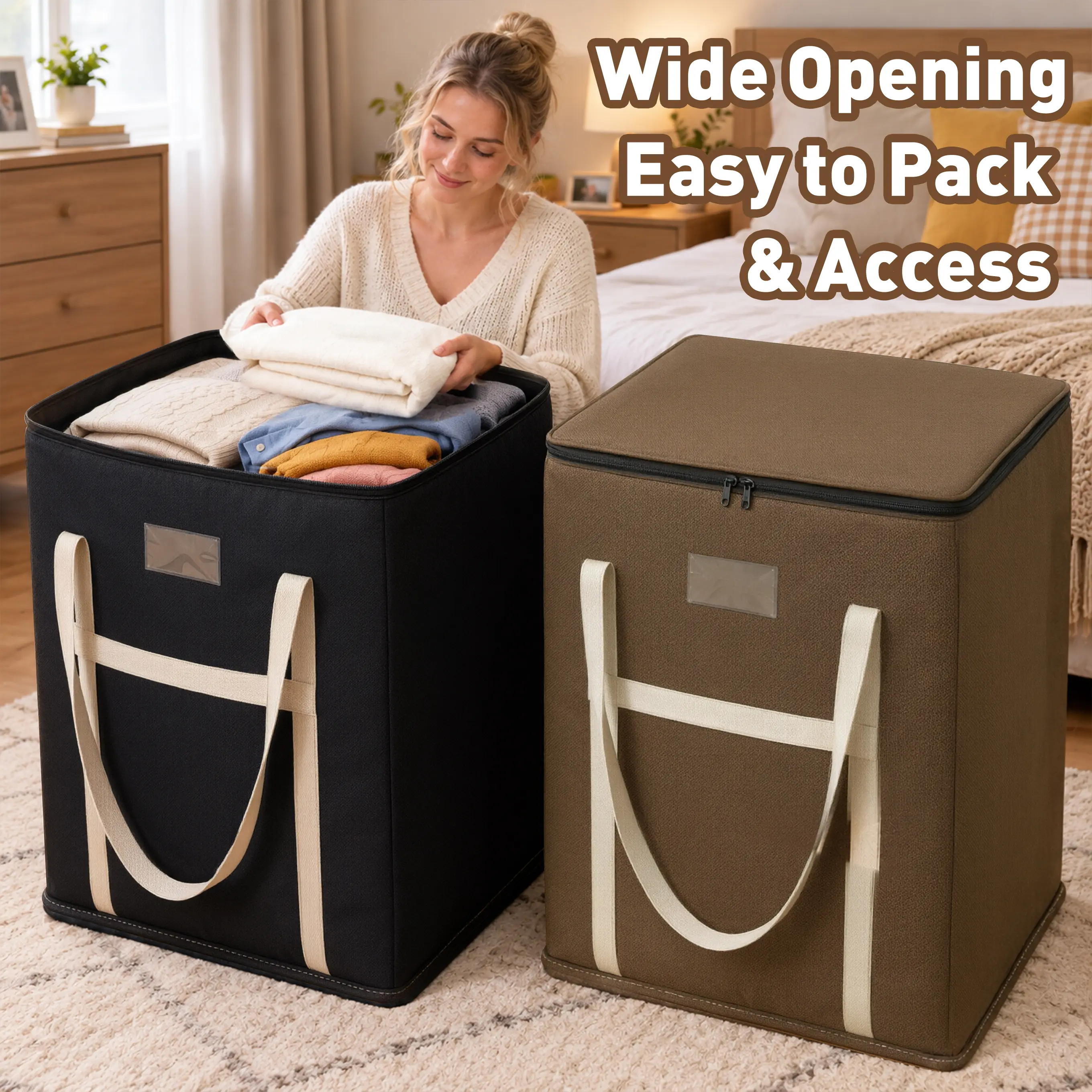 Large Capacity Non-Woven Storage Bag with Zipper, Handles, Foldable Closet Organizer for Clothes, Blankets, Home Organization