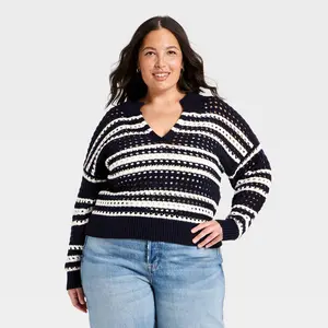 Women's Openwork V-Neck Striped Pullover Sweater - Universal Thread Navy Blue 3X