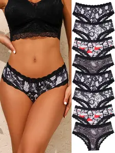 8-Pack Women's Lace Trim Underwear Set, Elastic Waistband Comfort Panties, Cartoon Skull Print, Casual Fitted Lingerie, All Seasons, Casual Underwear Brief