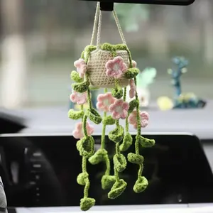 Handmade Crochet Plant Flower Car Mirror Hanging Ornament, Bohemian Style Car Interior Decor, Christmas Gift, Automotive Accessories, Car Hanging Decoration, Car Accessory