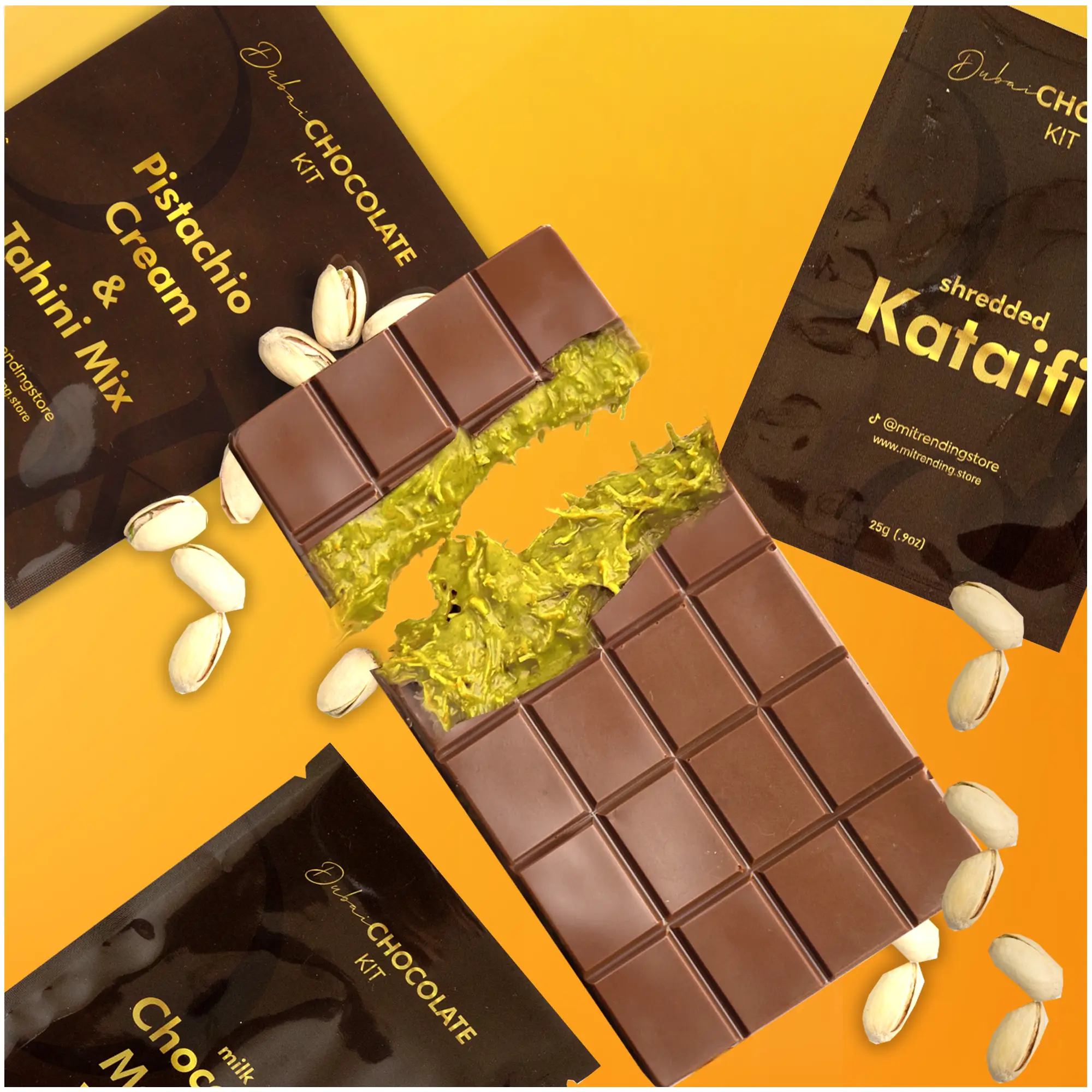 Pistachio Knafeh Stuffed Chocolate Bar KIT with Reusable Mold - Dubai Chocolate Snack MILK CHOCOLATE Crispy Crunchy