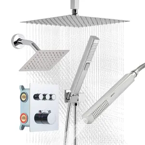 Shower Faucet Set, 12-Inch Thermostatic Ceiling Mount Rainfall Shower System With 6-Inch Wall Mount Head And 2-In-1 Handheld Spray, 3-Function Dual Rain Head Brass Valve And Trim Kit, Chrome
