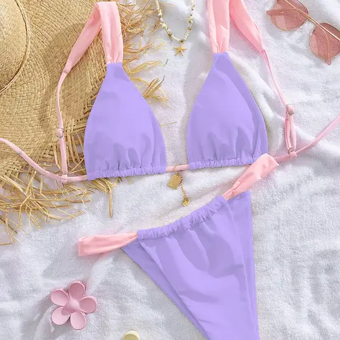 Two-Piece Set Women's Colorblock Style Bikini Set, Fashion Chic Stylish Swimsuit Swim Bra & Swim Bottom, Ladies Summer Swimsuit for Beach Holiday Vacation Colorblock Swimwear