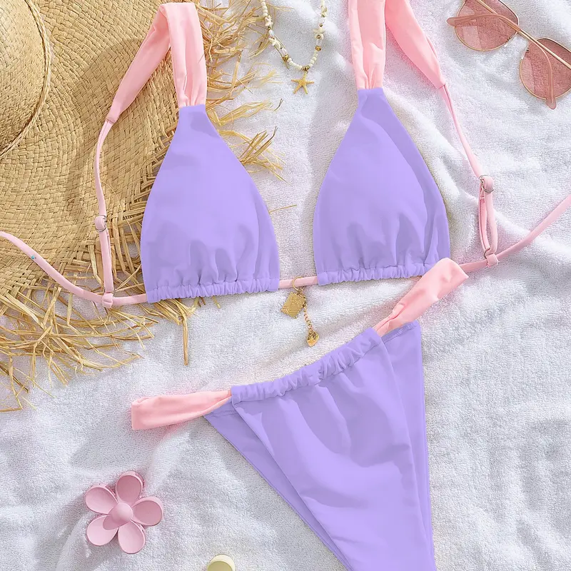 Two-Piece Set Women's Colorblock Style Bikini Set, Fashion Chic Stylish Swimsuit Swim Bra & Swim Bottom, Ladies Summer Swimsuit for Beach Holiday Vacation Colorblock Swimwear
