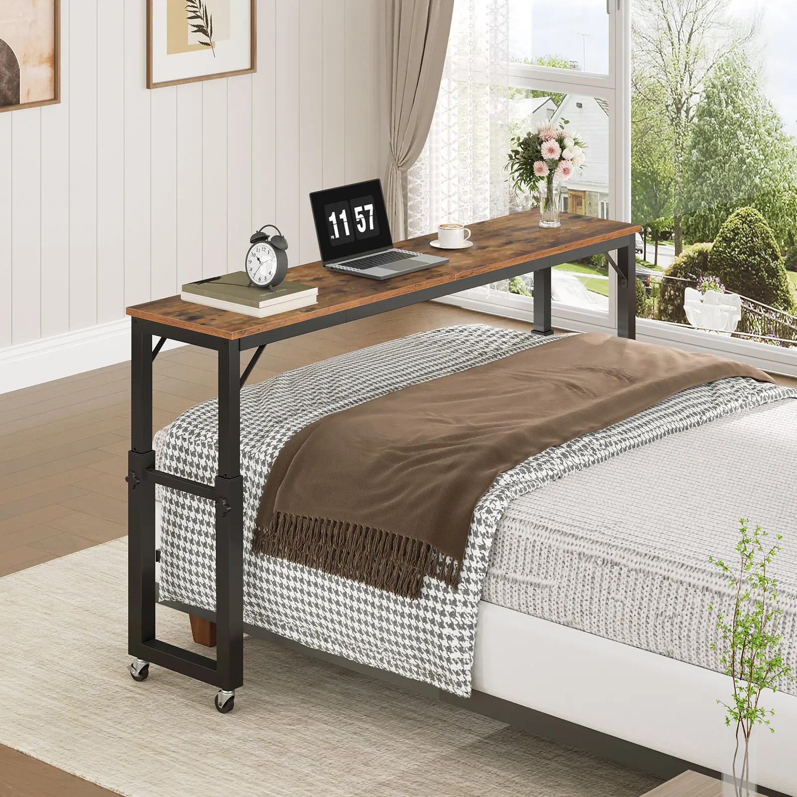 [Mother's Day Gift]MAHANCRIS Overbed Table with Wheels, Queen Size Mobile Bed Desk with Adjustable Height, Rolling Table, Laptop Table, Recliner Desk, for Bedroom, Living Room, Office, Rustic Brown#DealsforYouDays #SummerGarden