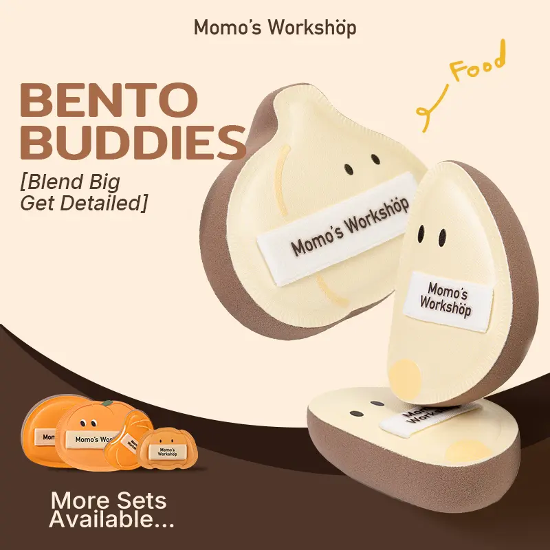 Momo's Workshop Bento Buddies Trio, Large Soft Bounce, Small Firm Bounce PU Leather Puff, Rubycell Blender Sponge for Liquid & Cream Makeup, Powder Puff, Puff Foundation, Travel Friendly, Storage Case