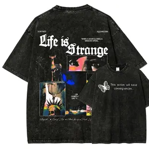 Vintage Washed Black Double-Sided "Life is Strange" Collage Streetwear T-Shirt | Heavyweight Cotton Oversized Grunge Y2K Aesthetic Butterfly & Deer Graphic Unisex Tee