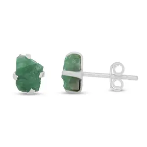 Emerald Raw Natural Earrings in Prong Stud Setting - Sterling Silver