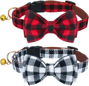 2pc Plaid Dog Collar with Bow, Adjustable Dog Bow Tie Collars with Bell, Best Pet Gift for Small Medium Large Girl and Boy Dogs, Red & Black