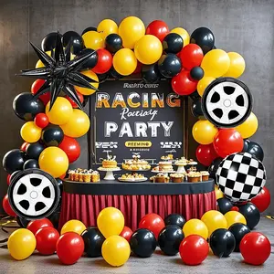 Racing Themed Balloon Arch Set, 116pcs Black, Red, Yellow Latex Balloons (10/ 5 Inches), Equipped with Black and White Mesh, Tires, Explosive Star Foil Balloons, Suitable for Birthday Parties, Gender Disclosure Parties, and Bachelor Parties