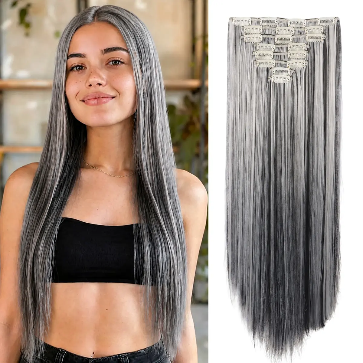 Women's Casual Silky Straight Clip-In Hair Extensions - 24-Inch, 6PCS, 180g/6.3oz Synthetic Extensions & Pieces, Heat-Safe Wear, Invisible, Full Coverage Full Head Hairpieces for Daily/Wedding