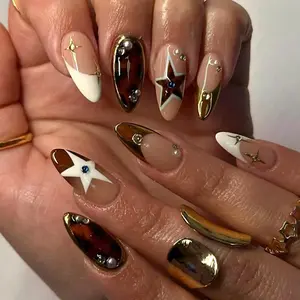 Midnight Rodeo Press On Nails – Tortoise Shell & Gold French Tips, Western Star Nail Art, Luxury Brown Almond Nails, Boho Glam Press Ons