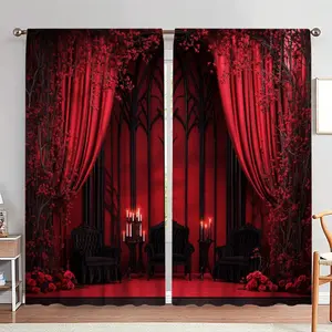 Red Stage Printing Door Curtain, 1 Set Gothic Style Door Curtain with Black Chairs & Candles Pattern, Home Decor for Living Room Bedroom