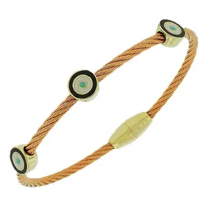 Fashion Alloy Rose Gold-Tone Twisted Cable Bangle Bracelet, Multicolor Evil Eye Accent, Adjustable Size Costume Jewelry