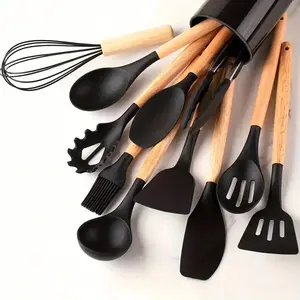 TAIMASI [Non-Stick Utensil Set] 12pcs Non-Stick Silicone Kitchen Utensil Set With Wooden Handles | Saf-E And Easy To Clean - Perfect For Cooking And Baking - Ideal For Back To School And Dorm Essentials