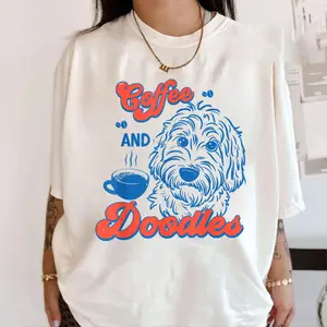 Coffee and Doodles Funny Doodle Coffee Club Pet Lover Design T-Shirt, Coffee And Doodle Dog Lover Retro Pet Art Shirt, Casual Womenswear Top