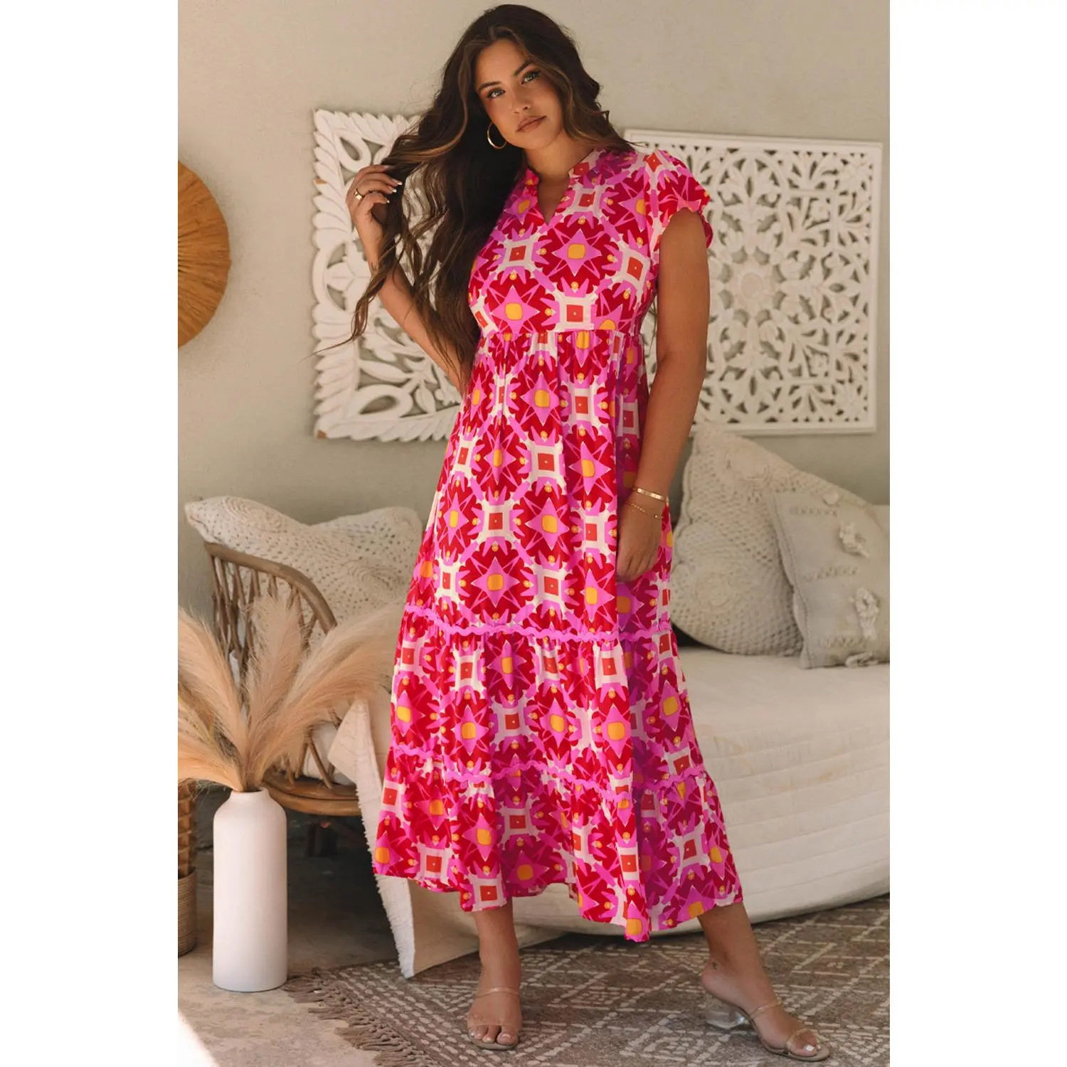 Strawberry Pink Geo Print V-neck Maxi Dress