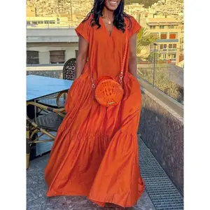 Women's Plain Pocket V Neck Dress, Elegant Casual Short Sleeve Long Dress for Summer, Ladies Clothes for Daily Wear Womenswear