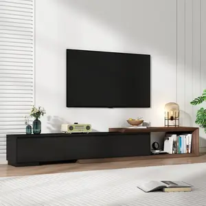 Extendable TV Stand with 3 Drawers, Modern Minimalist Entertainment Center, Reversible Long TV Media Console, Bevel Design, 82-107 Inch, Black & Walnut/White & Walnut