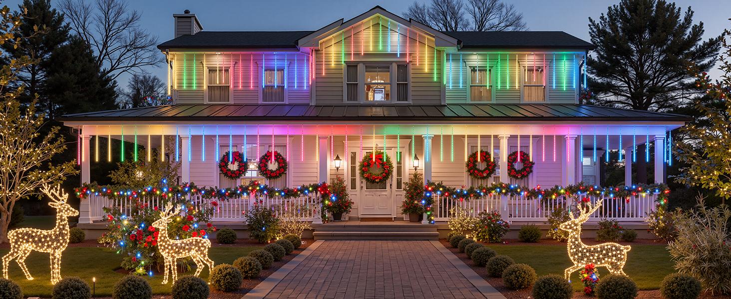 Smart Meteor Shower Lights Outdoor, 16Tube 256LED 24.6ft Color Changing Dripping Icicle Christmas Lights for Outdoor Outside, APP Controlled RGB Customize Display DIY Dynamic Lighting Effec