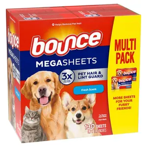 Bounce Pet Hair and Lint Guard Mega Fresh Scent Dryer Sheets (130-Count) for Fresh-Smelling Clothes Laundry Perfume