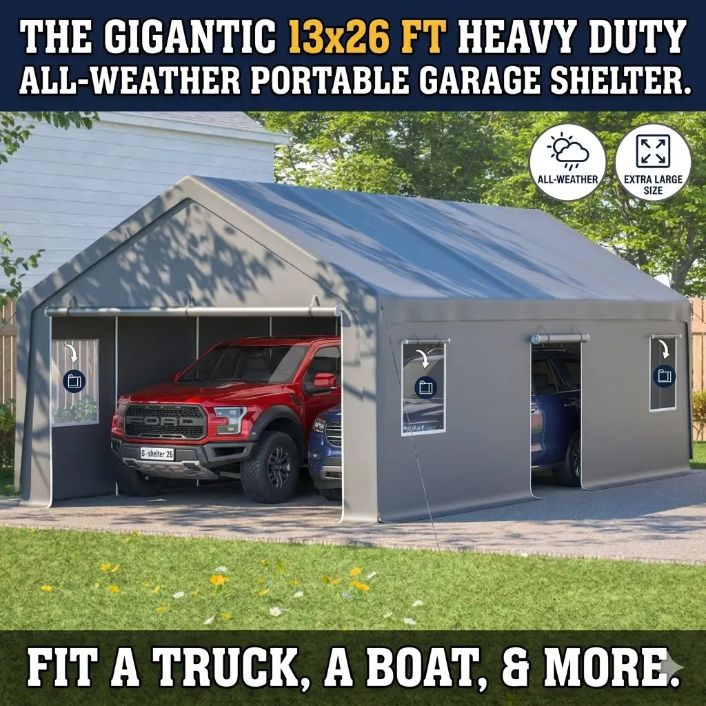 13x26 FT Heavy Duty Carport Canopy with 2 Roll-Up Doors + 1 Side Door, Removable End Walls & Windows, All-Weather Portable Garage Shelter for Car, Truck, Boat, Vehicle