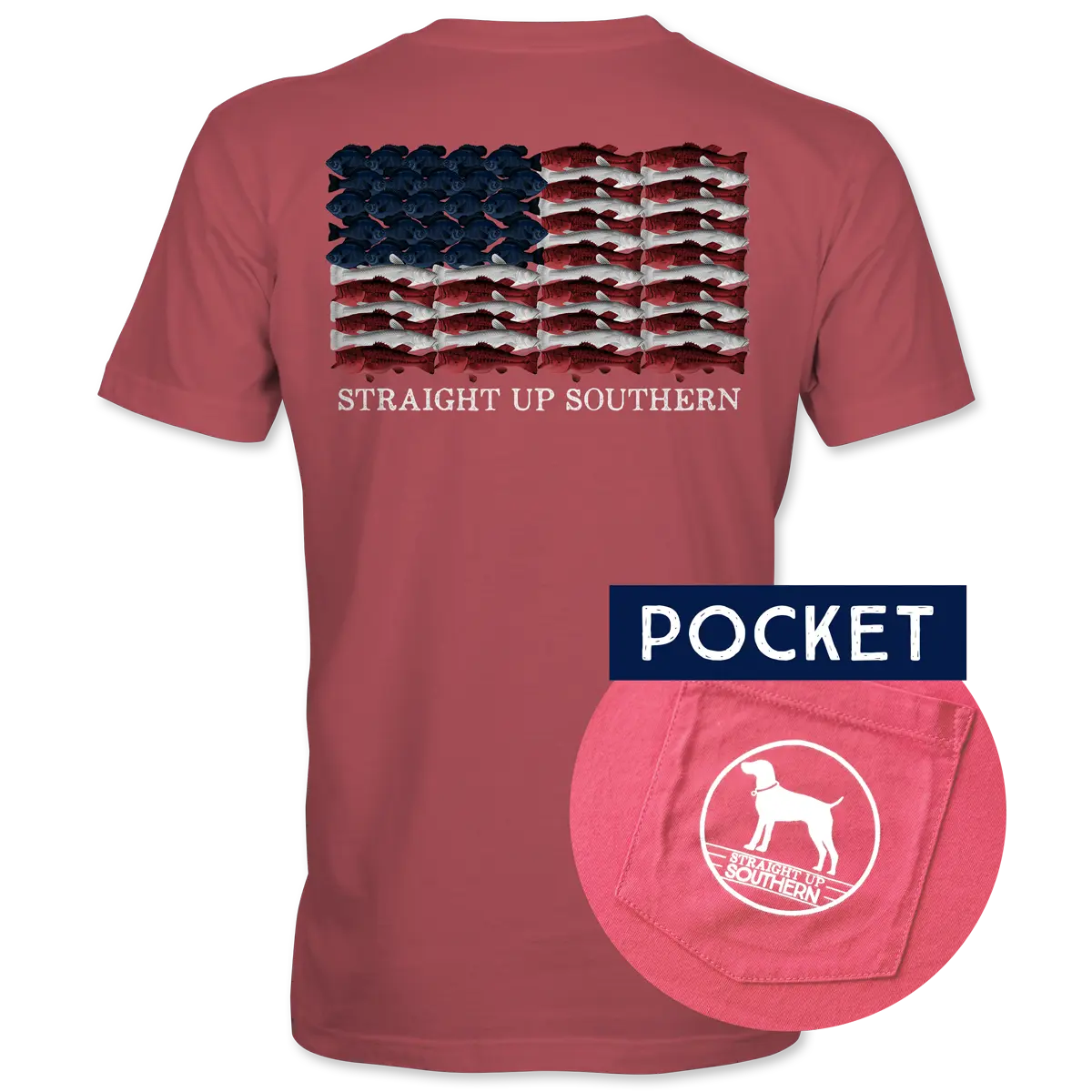 Fish Flag - American Flag Formed by Crappie, Catfish, and Largemouth Bass Pocket Tee - Red