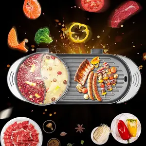 Electric Grill and Hot Pot,2 in 1 Multi-functional Indoor Smokeless Korean BBQ Grill Teppanyaki Hot Pot with Independent Dual Temperature Control,2-8 People Capacity,110V