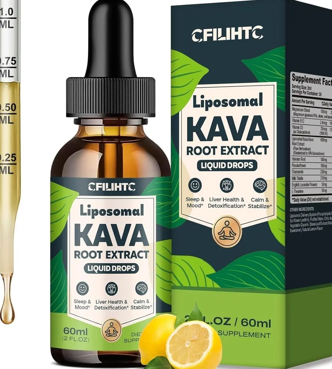 Liposomal Kava Liquid Drops Kava Kava Supplement - Valerian Root for Sleep Stress Relief Kava Root Extract - Calmness & Relaxation with Magnesium, Passionflower, Chamomile, Milk Thistle, L-Theanine​​