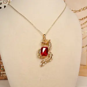 18k Gold Plated Dragon Holding Red Gemstone Necklace