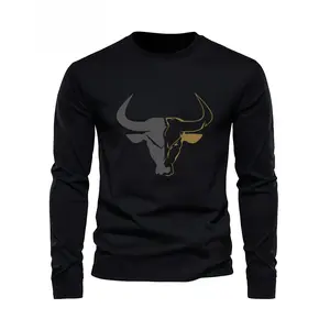 Men's Classic Bull Graphic Long Sleeve T-Shirt - Seamless Smooth 100% Cotton Stretch Fabric, Casual Sporty Crew Neck, Fitted Menswear, Machine Washable Summer Top