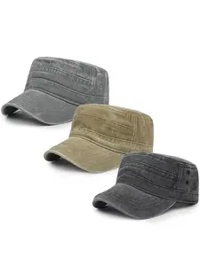 3Pcs Cadet Hat Military Cap Washed Casual Flat Cap for Men Adjustable Army Hat