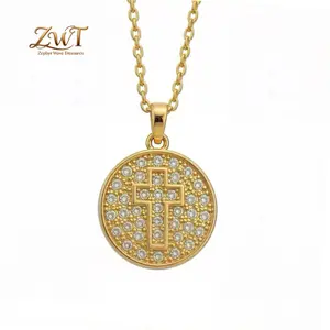 Coin-Sized Flat Cross Full Zircon Pendant Necklace, Copper Gold Plated Light Luxury, Fashion Versatile Exquisite Packaging Gift Jewelry