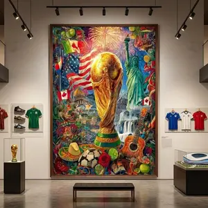 World Cup 2026 Wall Art, Large Canvas Print, Soccer Trophy USA Canada Mexico Collage Painting, Football Fan Home Decor