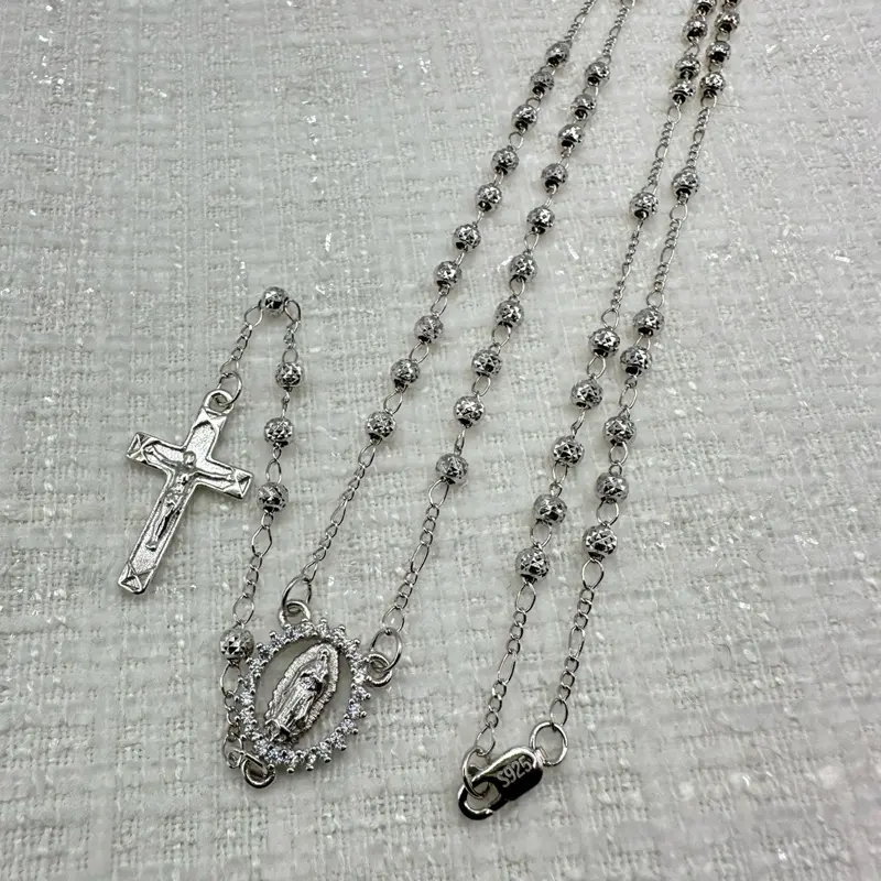 925 Sterling Silver Rosary Necklace with Rhodium Plating – 20” Length, 3mm Beads – For Women & Children